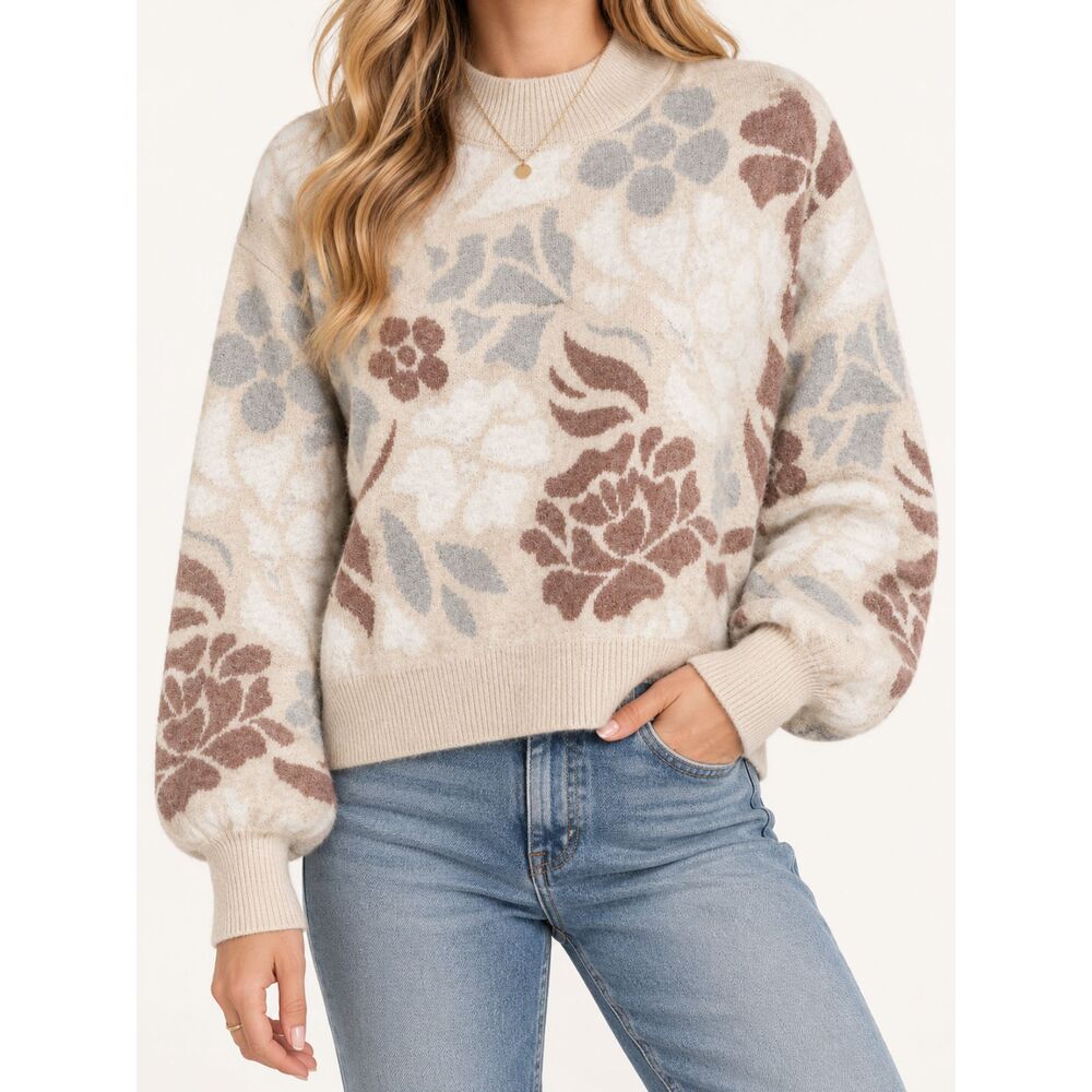 Truth By Republic Floral Sweater S Cream Brown Rose Mock Neck Balloon Sleeve